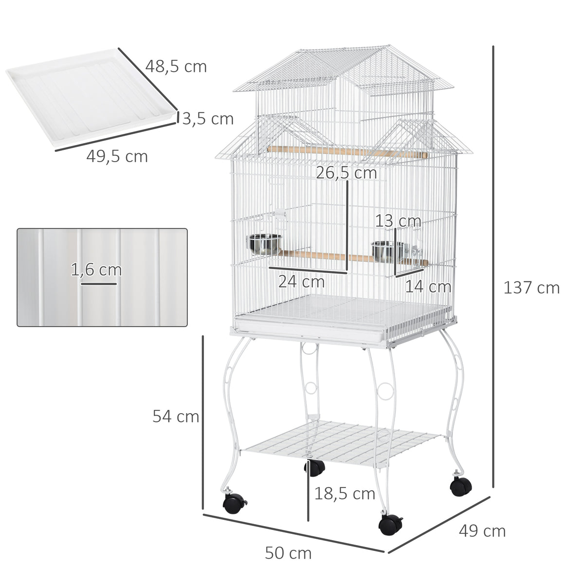 Pawhut Jaula Para Pájaros Con Ruedas 50x49x137cm Con Bandeja Extraíble Comederos_2