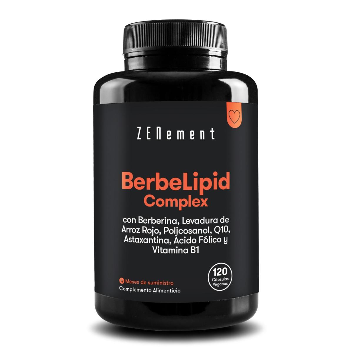 BeberLipid Complex con berberina, levadura de arroz rojo, policosanol, Q10, astaxantina, ácido fólico y vitamina B1 Zenement, 120 comprimidos