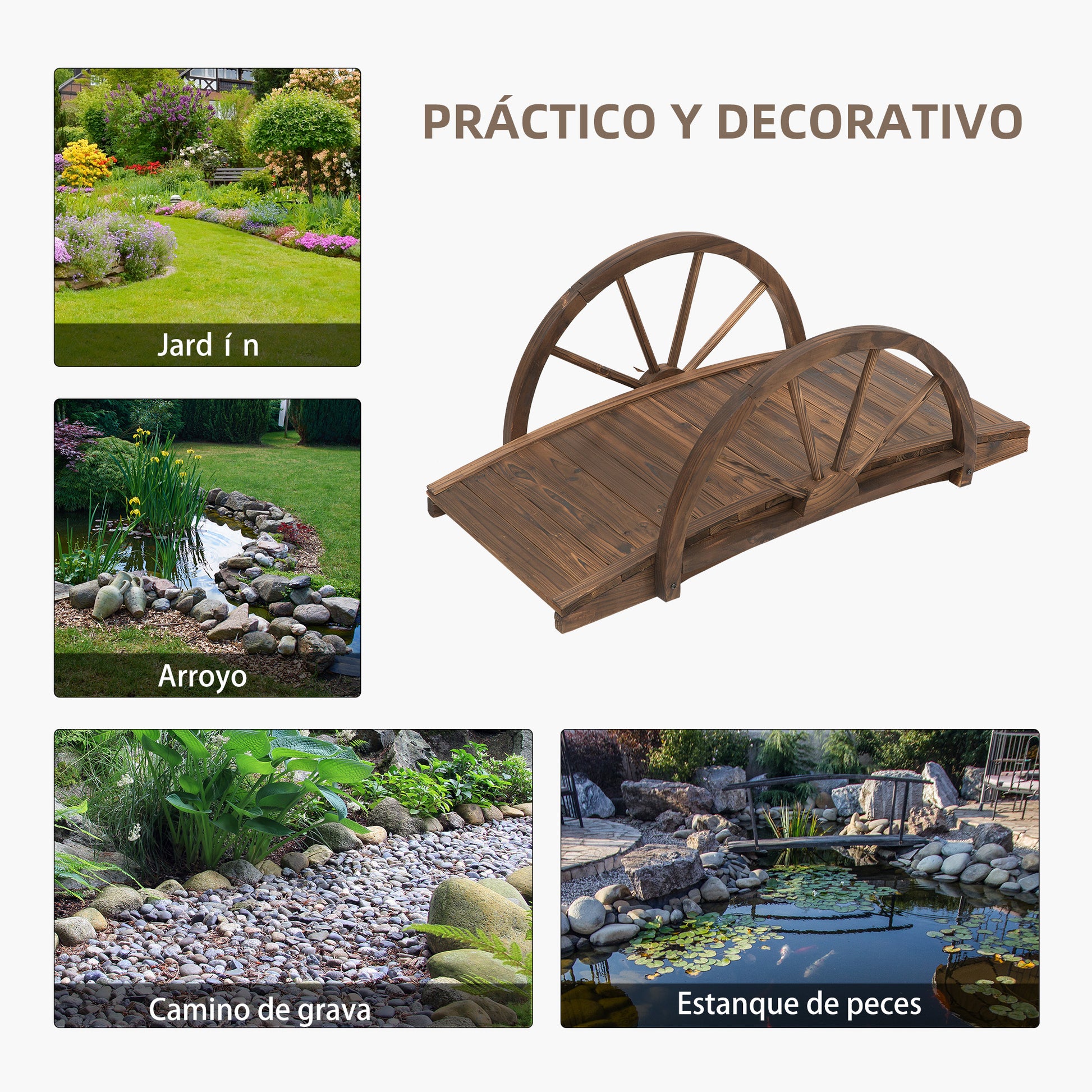 Outsunny Puente De Jardín De Madera Con Barandilla 100x50x37 Cm Carbonizado_5