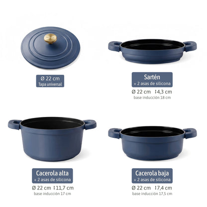 Briebe Totem Batería Cocina Inducción Apilable 4 Piezas Ø 22cm Sartén + 2 Cacerolas + Tapa, Antiadherente Cerámico Sin_3