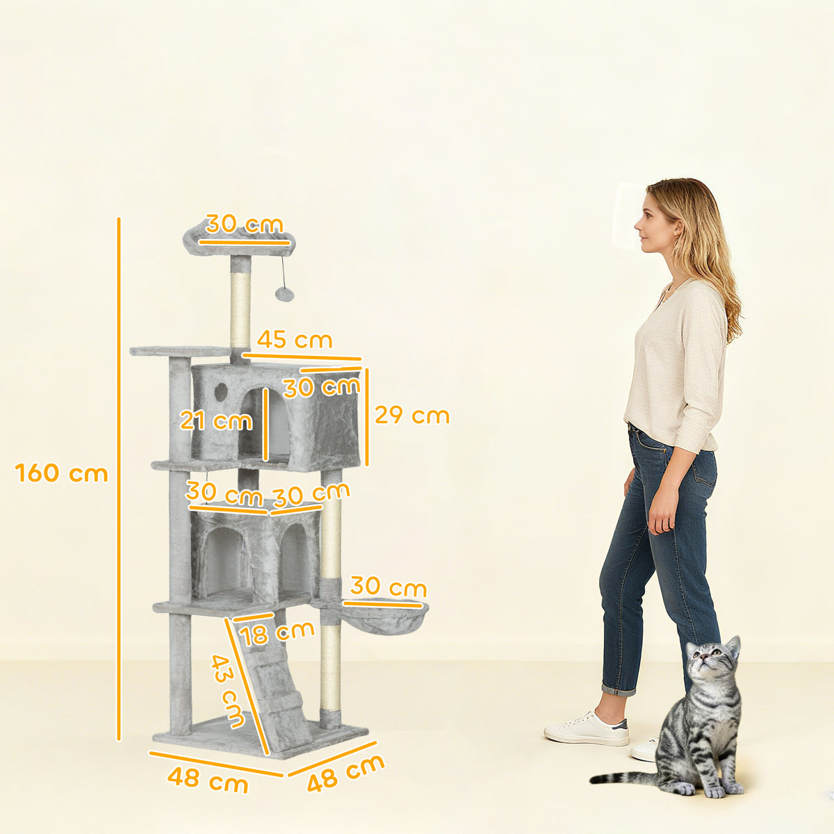 Pawhut Árbol Rascador Para Gatos 160 Cm Con Múltiples Plataformas Gris Claro_2