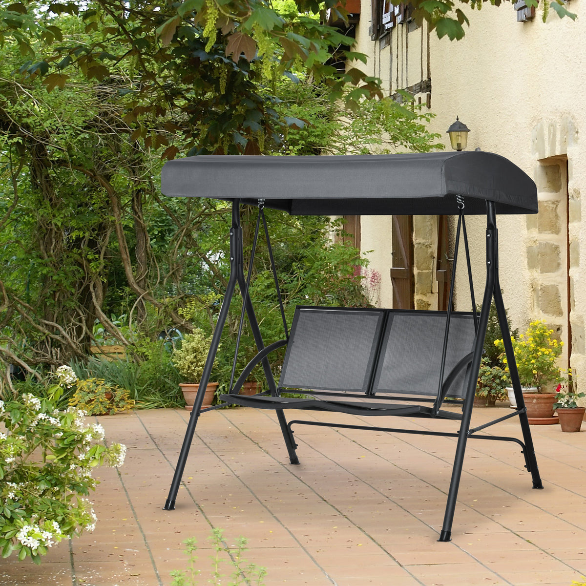 Outsunny Columpio Jardín 2 Plazas Techo Ajustable Asientos Textilene Gris Oscuro_1