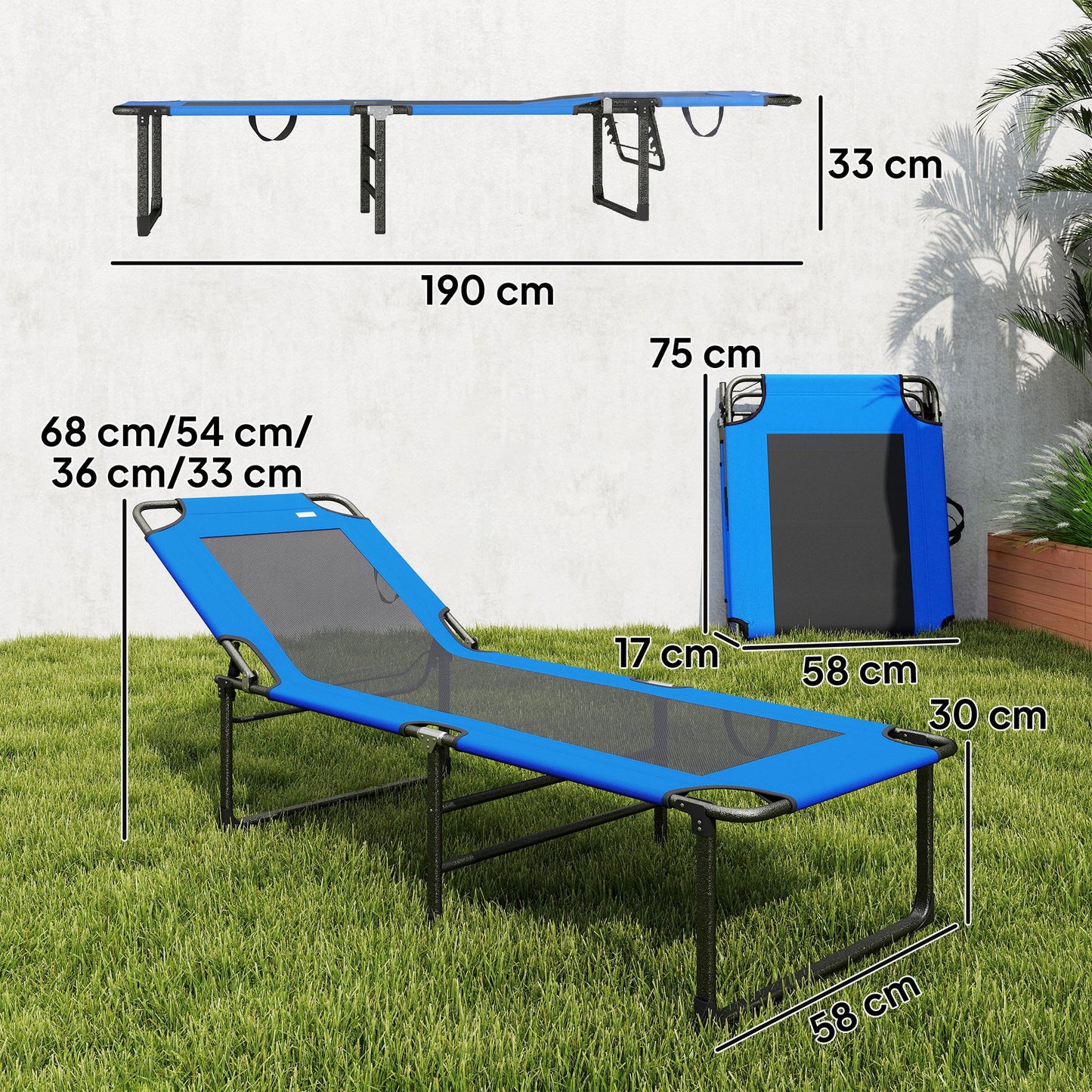 Outsunny Tumbona Plegable Respaldo Ajustable En 4 Niveles 175x58x68 Cm Azul_2