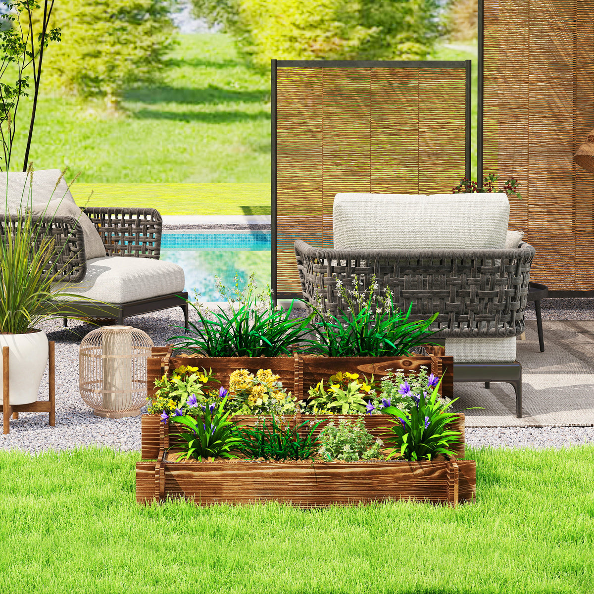 Outsunny Jardinera De Madera Con Diseño De Escalera 93x93x35 Cm Carbonizado_3