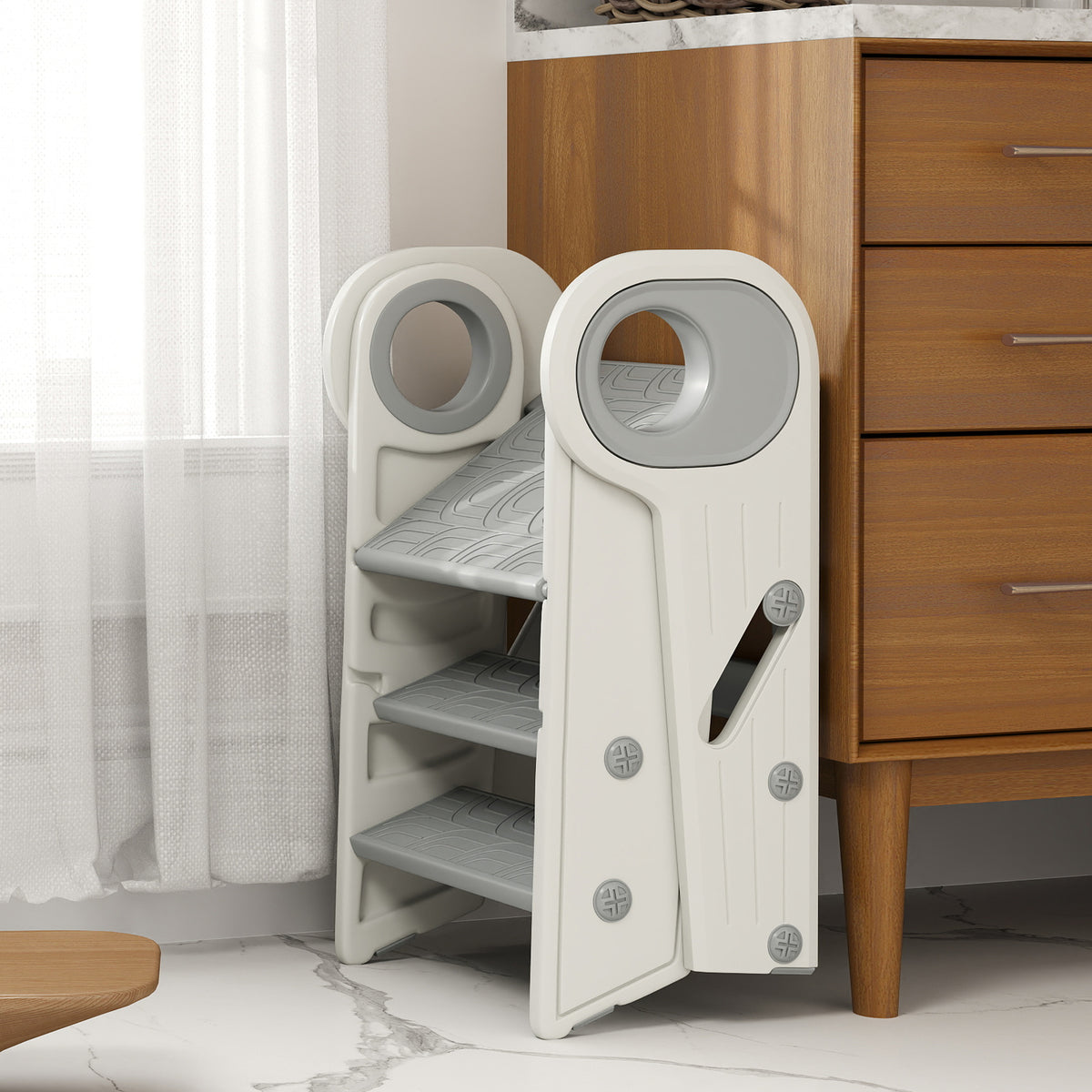 Aiyaplay Taburete Para Niños Plegable Y Ajustable Con Asa Gris Y Blanco_3