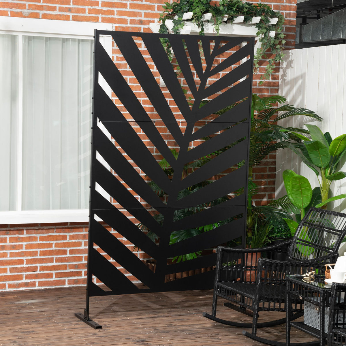 Outsunny Biombo Para Exterior De 3 Piezas Con Diseño De Hoja De Plátano Negro_1