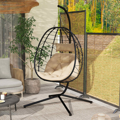 Outsunny Silla Colgante Huevo Con Soporte Con Cesta Plegable Cojín Caqui_1