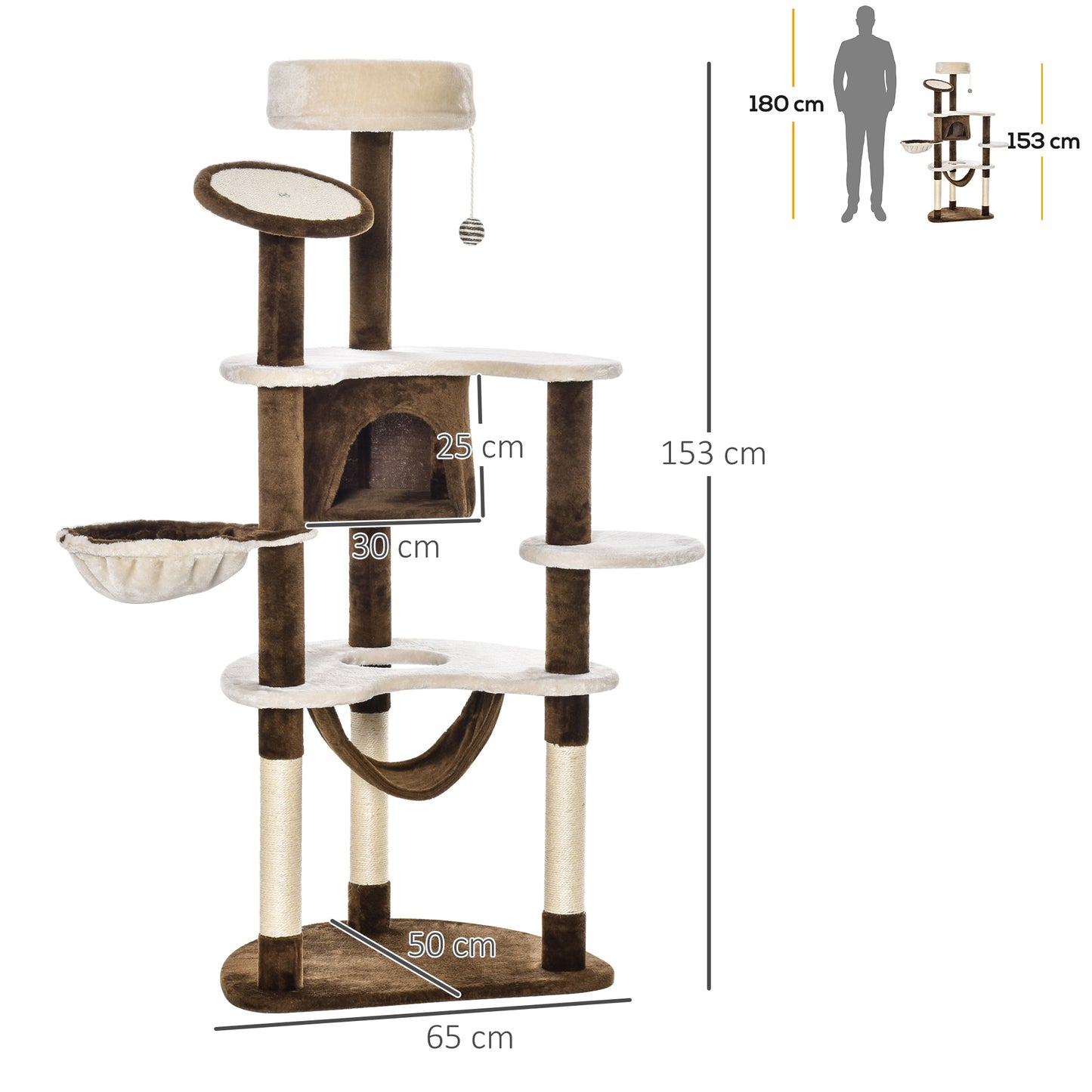 Pawhut Árbol Rascador Para Gatos Grande 65x50x153 Cm Con Hamaca Marrón_2