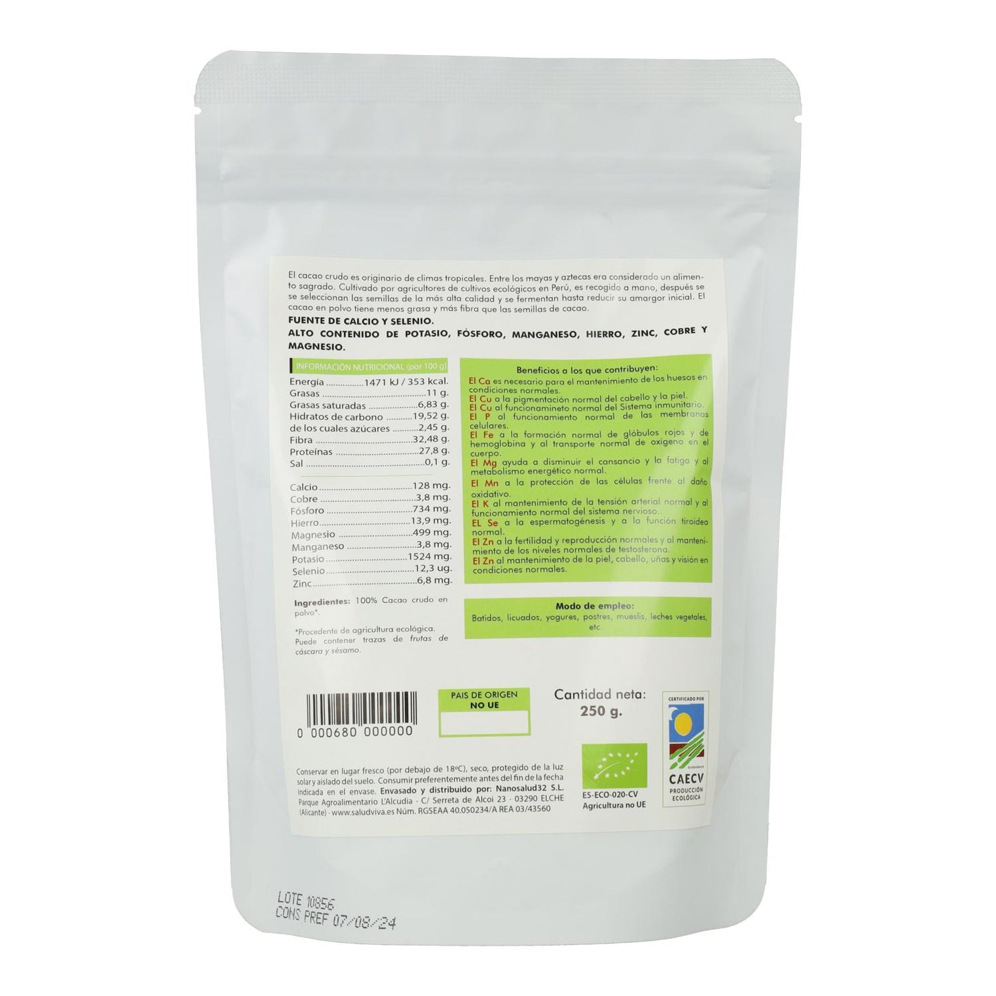 Cacao en polvo ECO 250 g, Salud Viva