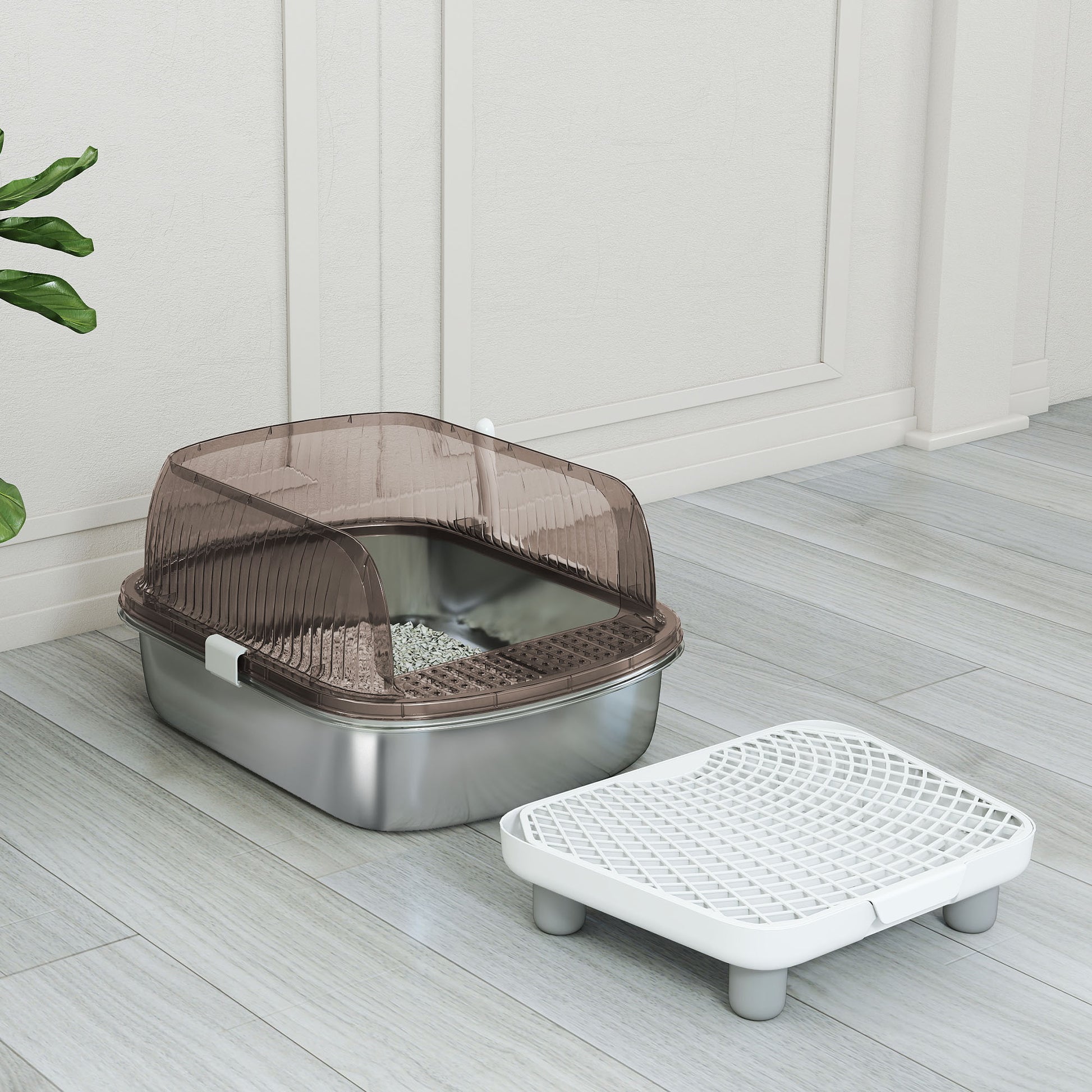 Pawhut Arenero Para Gatos Cubierto Con Bandeja De Acero Pala Y Peldaño Gris_3