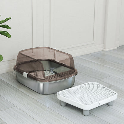 Pawhut Arenero Para Gatos Cubierto Con Bandeja De Acero Pala Y Peldaño Gris_3