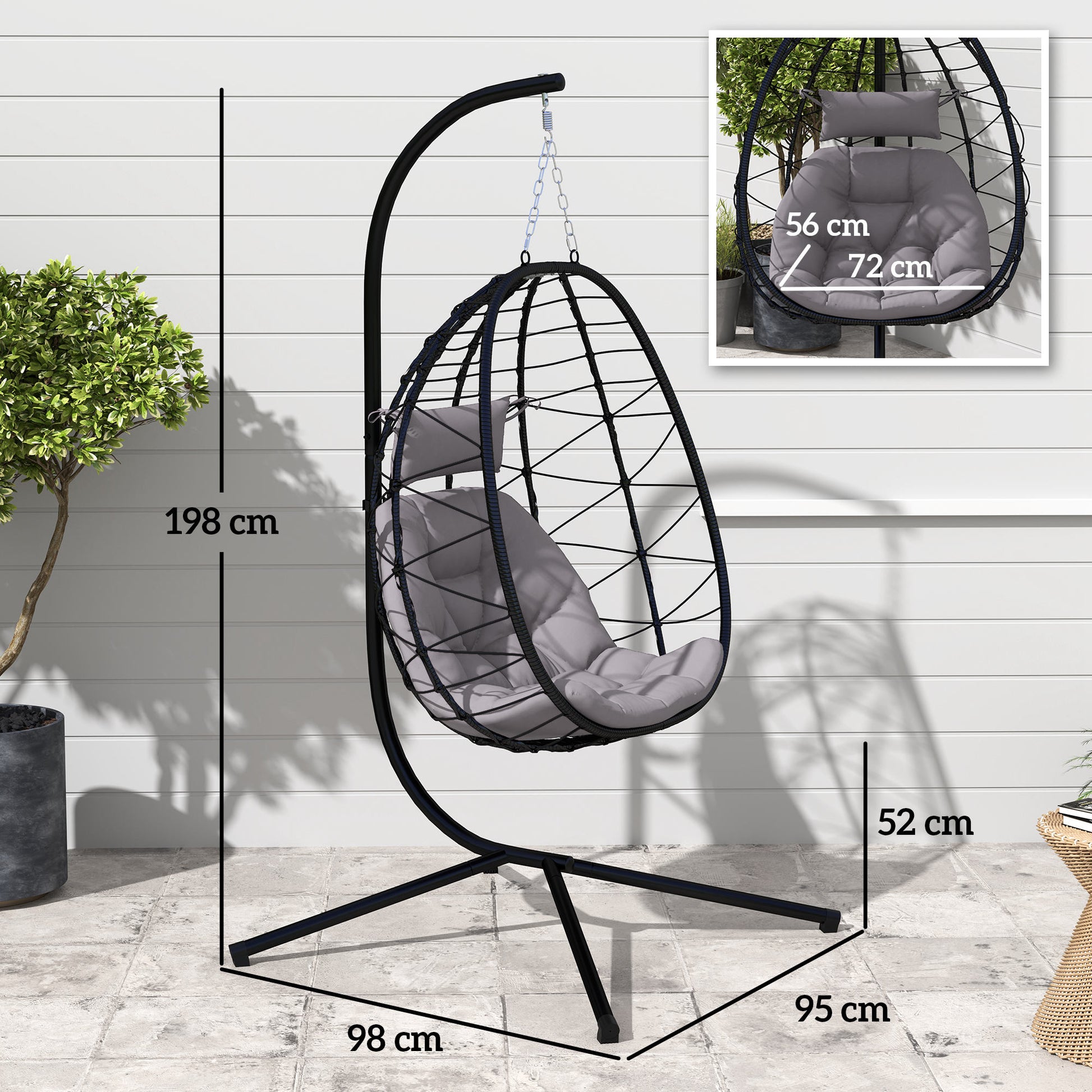 Outsunny Silla Colgante Huevo Con Soporte Con Cesta Plegable Cojín Gris_2