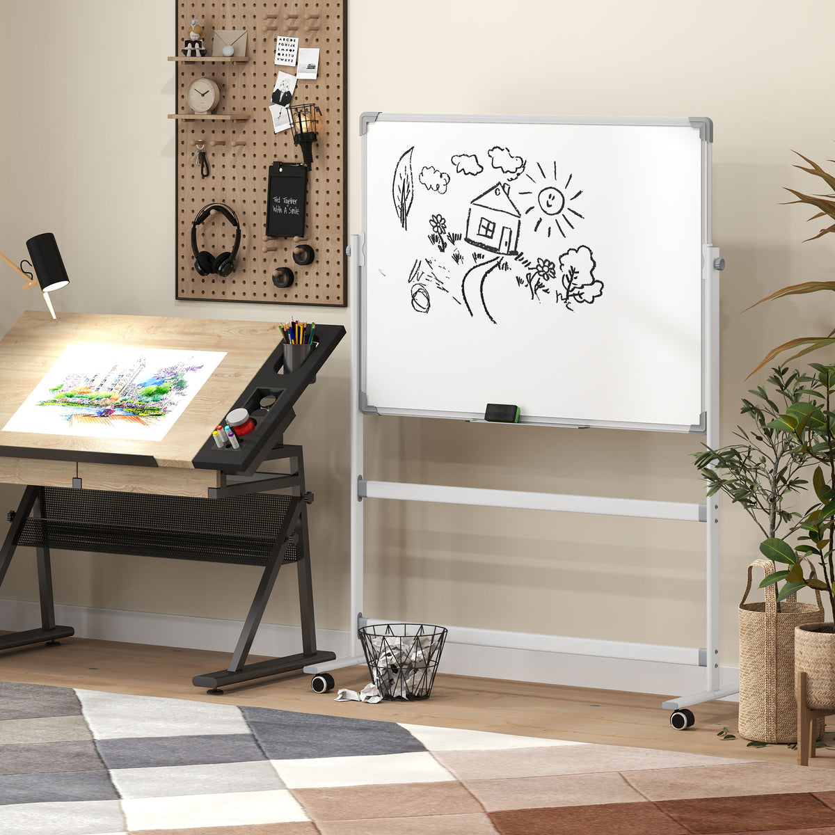 Homcom Pizarra Blanca Móvil De Doble Cara Magnética 120x90 Cm Con Soporte_4