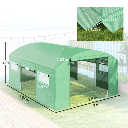 Outsunny Invernadero De Túnel 4x3x2 M Con 6 Ventanas 3 Puertas Enrollables Verde_2