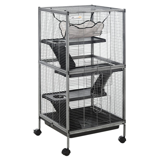 Pawhut Jaula Para Animales Pequeños De 4 Niveles Con Ruedas 52x52x113,5cm Gris_0