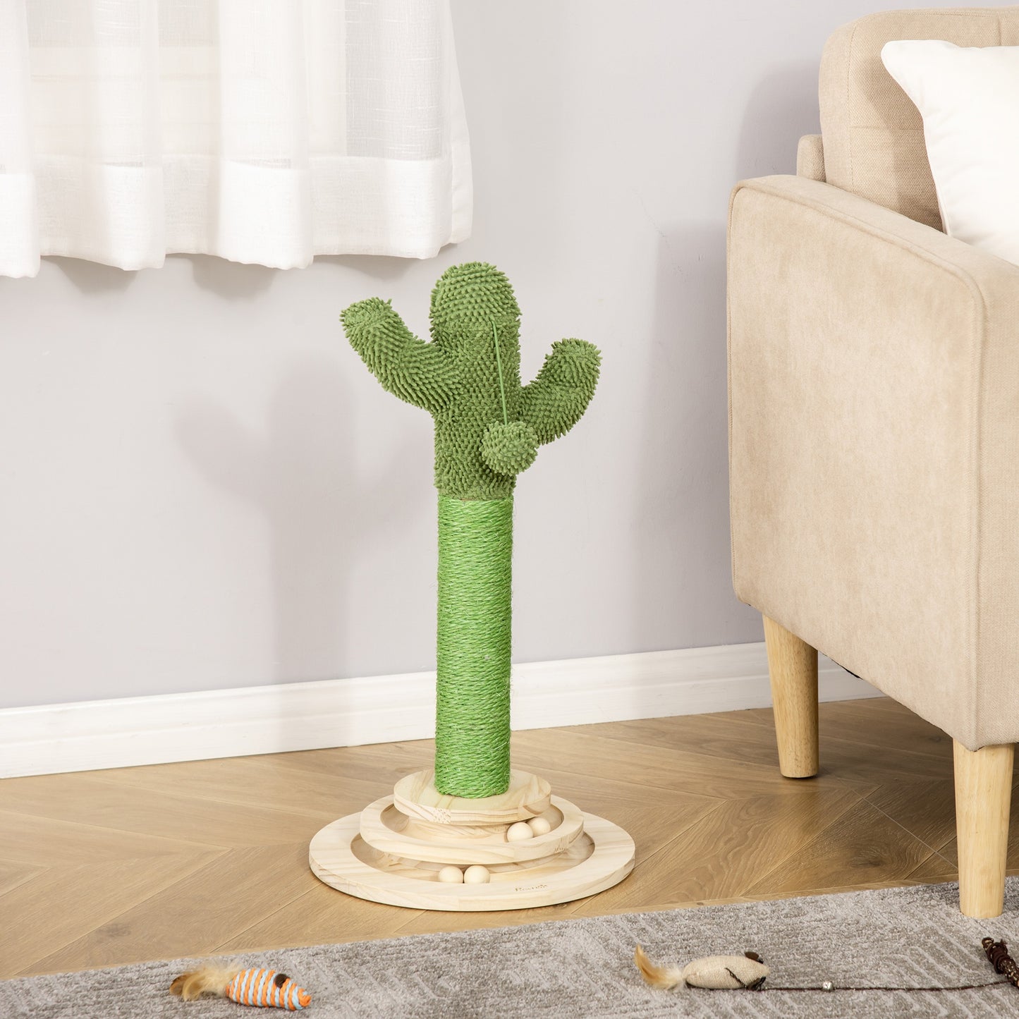 Pawhut Rascador Cactus Para Gatos Con Bola Colgante Y Juego En La Base De Madera_1