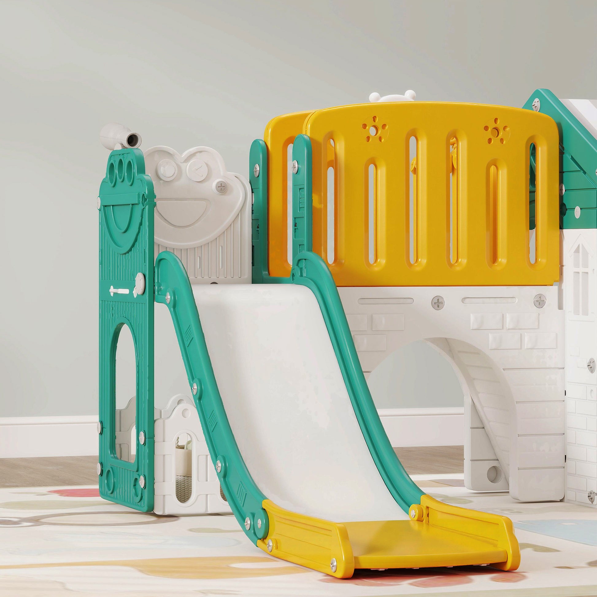 Aiyaplay Tobogán Infantil 7 En 1 Con Caseta Para Niños Amarillo Y Verde_4