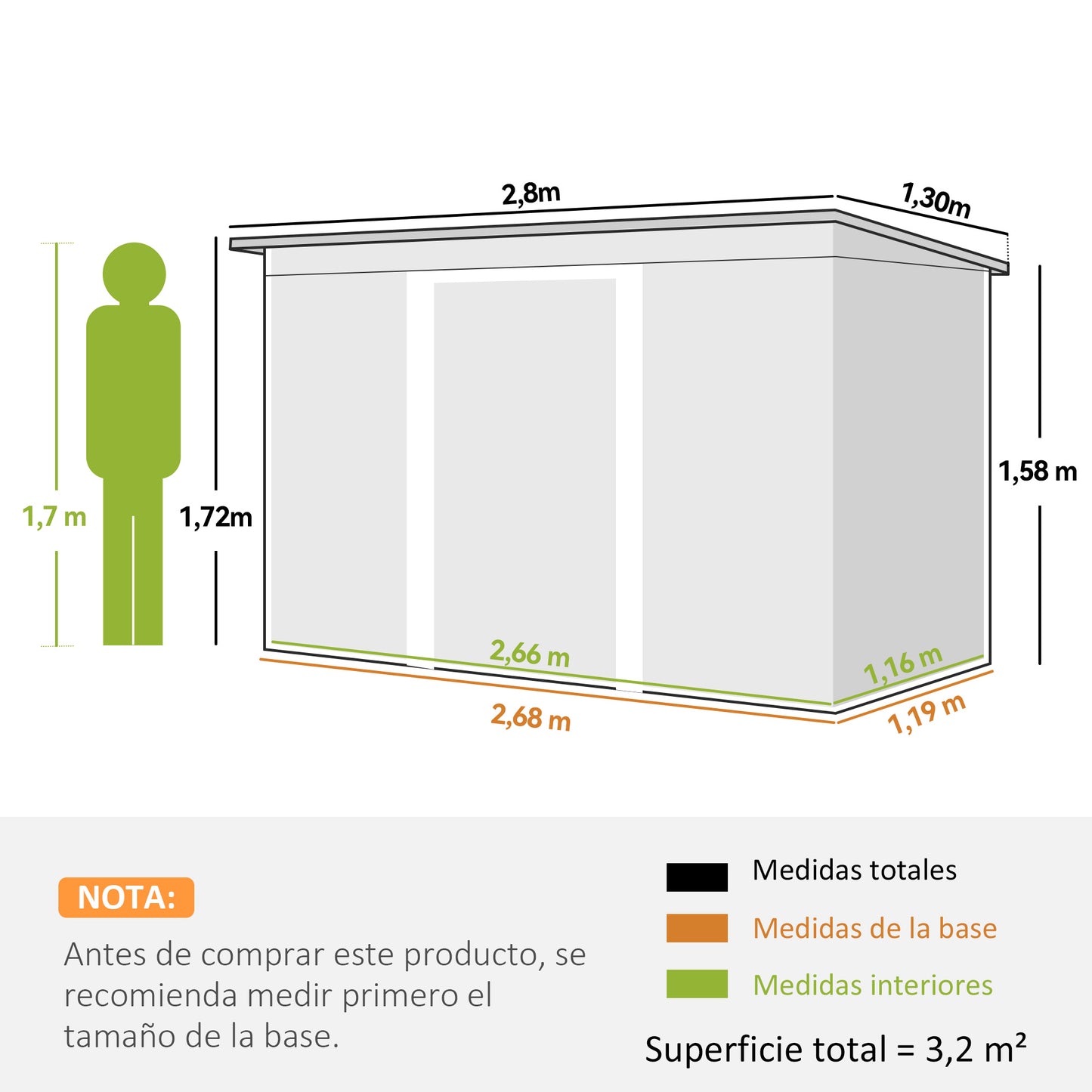 Outsunny Cobertizo De Jardín 280x130x172 Cm Base De 3,2 M² Con 2 Puertas Gris_2
