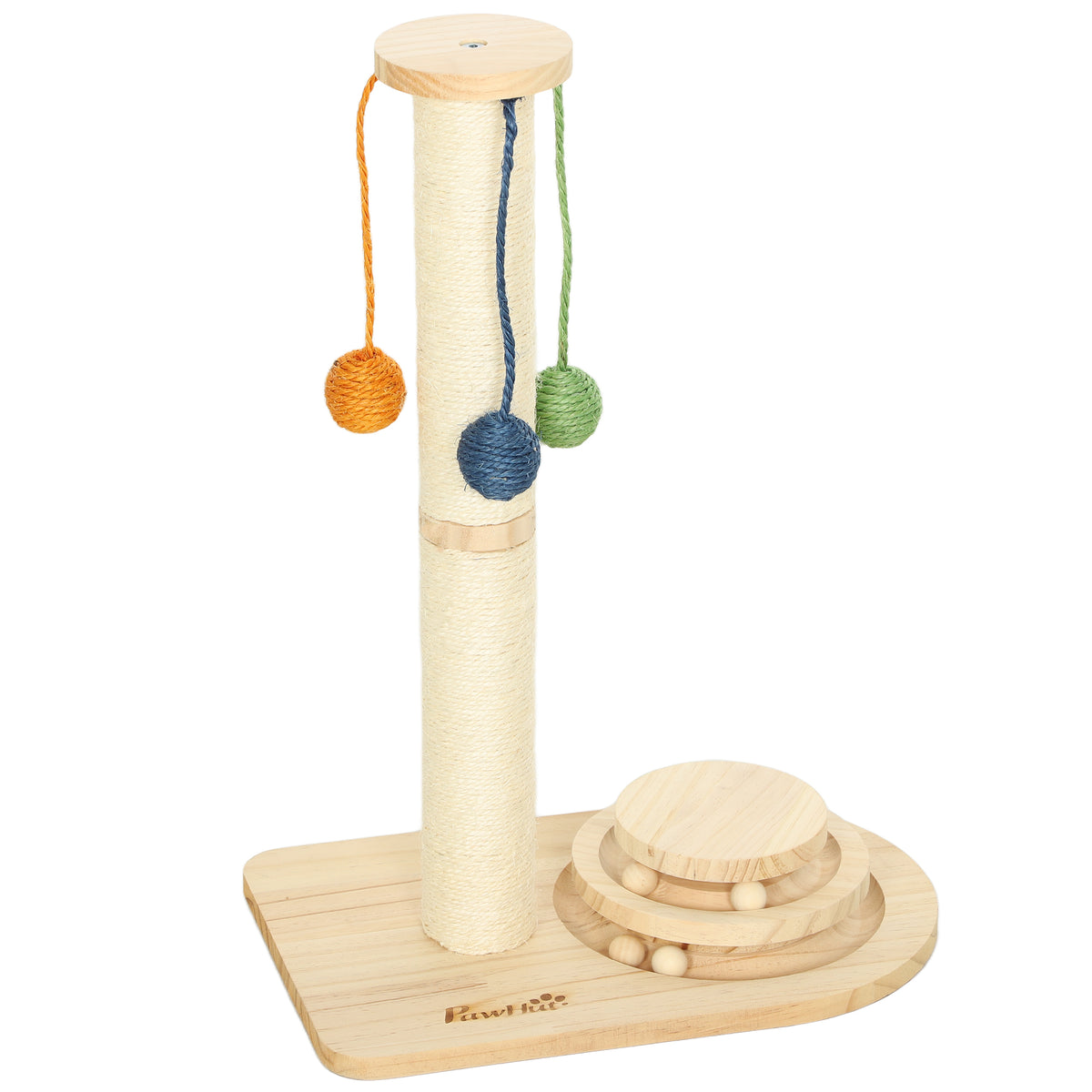 Pawhut Poste Rascador Para Gatos 56,5 Cm Con 3 Bolas Colgantes Madera Natural_1