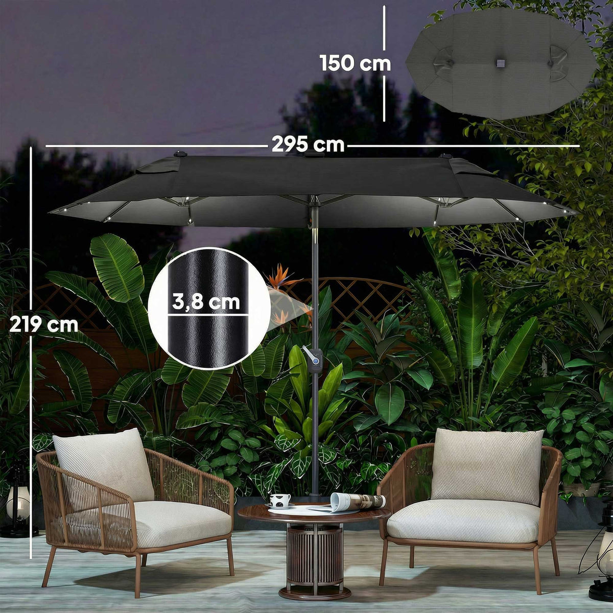 Outsunny Sombrilla Doble 295x150x219 Cm Con Luces Led Solares Gris_2