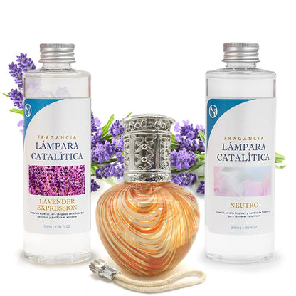 Pack Ahorro Lámpara Catalítica Orange Waves + Fragancia Lavender Expression 500ml + Limpiador 200ml + Mecha Repuesto_0