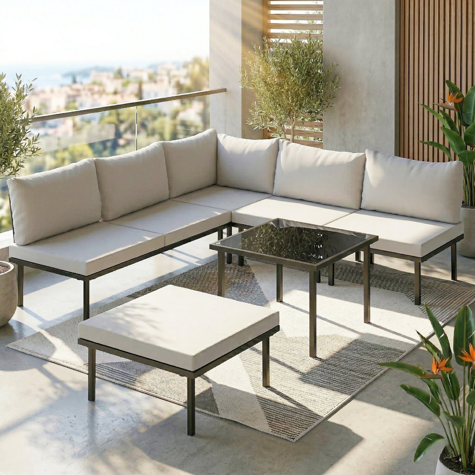 Outsunny Conjunto De Jardín Exterior 6 Piezas En Forma De L Cojines Gris Claro_1