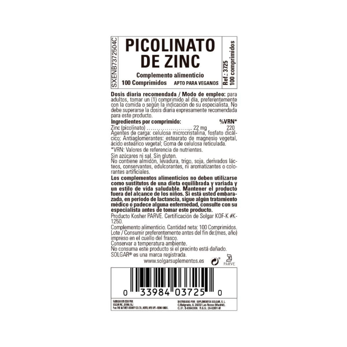 Zinc Picolinato Solgar 100 comprimidos de 22mg