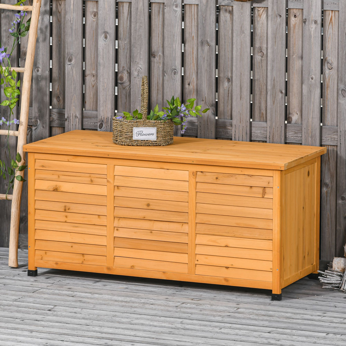 Outsunny Baúl De Madera Exterior Con Tapa Abrible Y Diseño Persiana 127x56x60 Cm_1