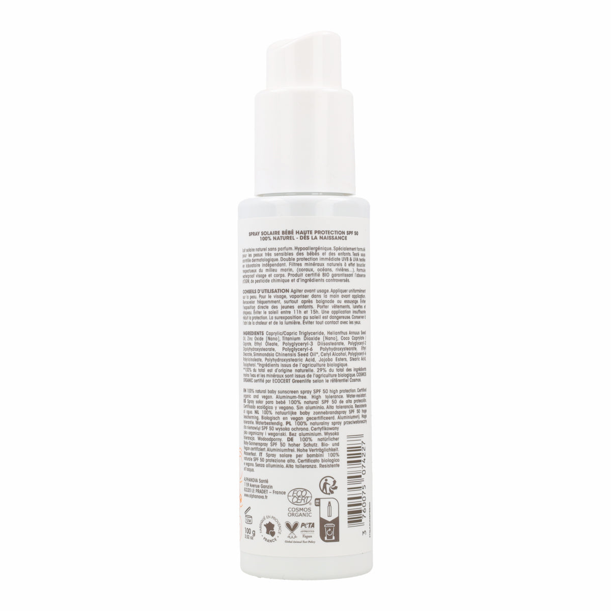 Protector Solar en Spray Bebé bio FPS50 Alphanova 100 ml