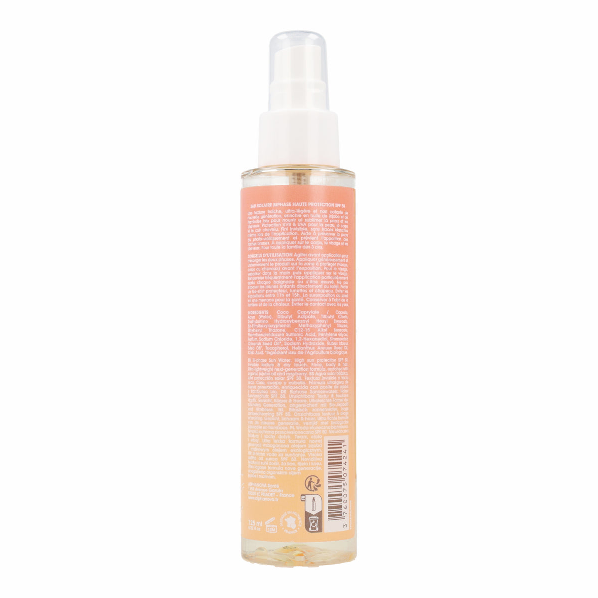 Agua bifásica solar alta protección FPS50 Alphanova 125ml