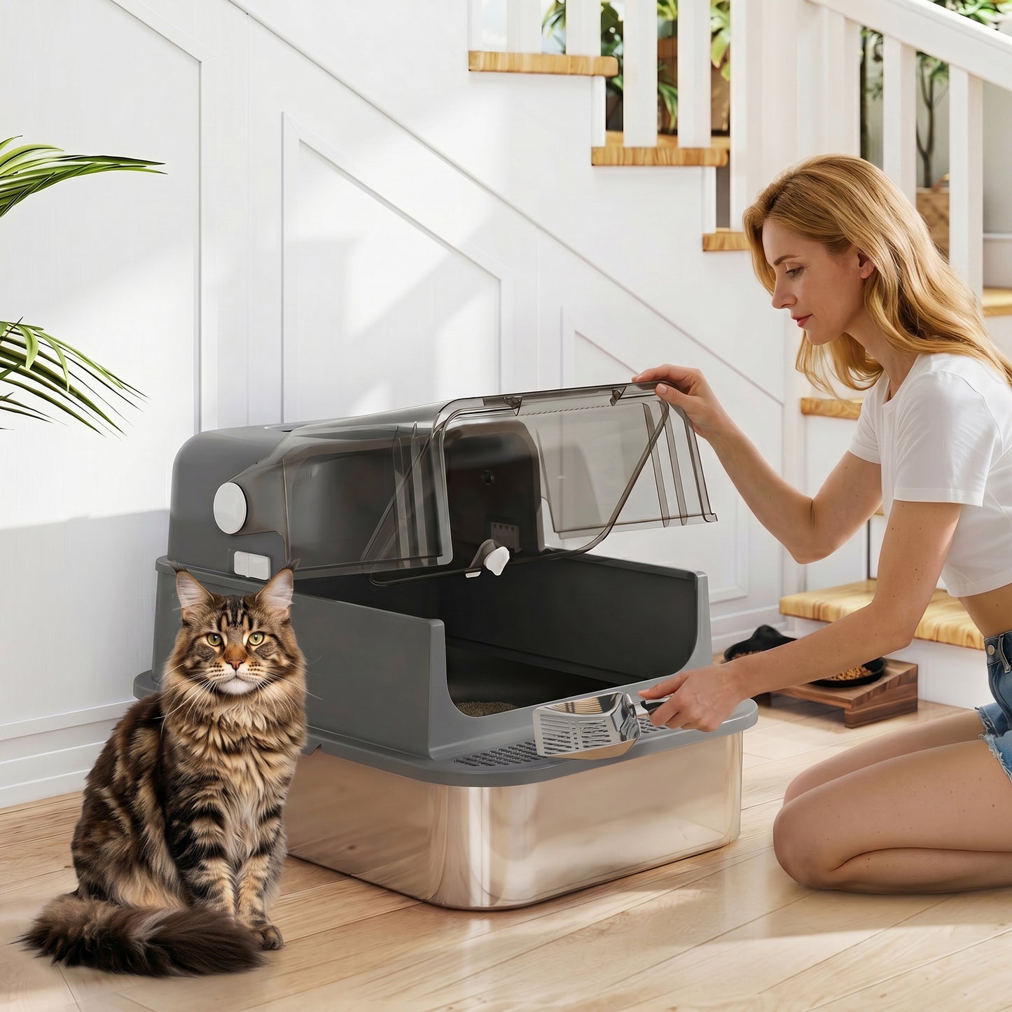 Pawhut Arenero Para Gatos De Acero Inoxidable Xxl Tapa Abatible Negro_1