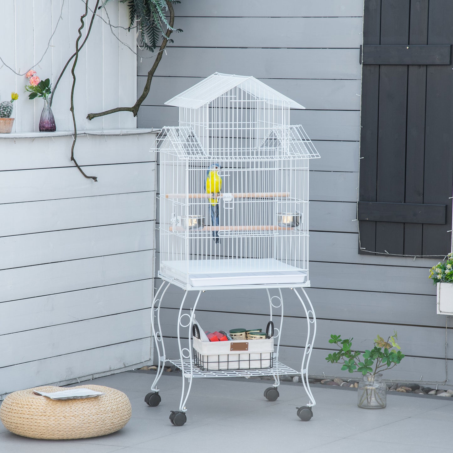 Pawhut Jaula Para Pájaros Con Ruedas 50x49x137cm Con Bandeja Extraíble Comederos_1