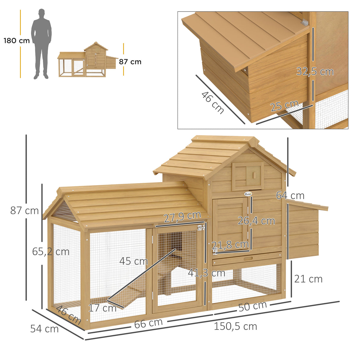 Pawhut Gallinero De Madera Para Exterior Corrales Alambre 151,5x54x87cm Natural_2