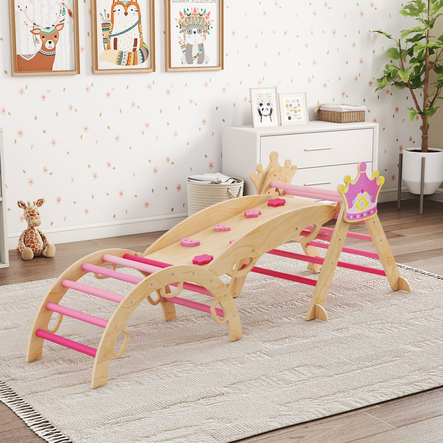 Aiyaplay 8 En 1 Triángulo De Escalada De Madera Montessori Con Arco Y Rampa Rosa_1