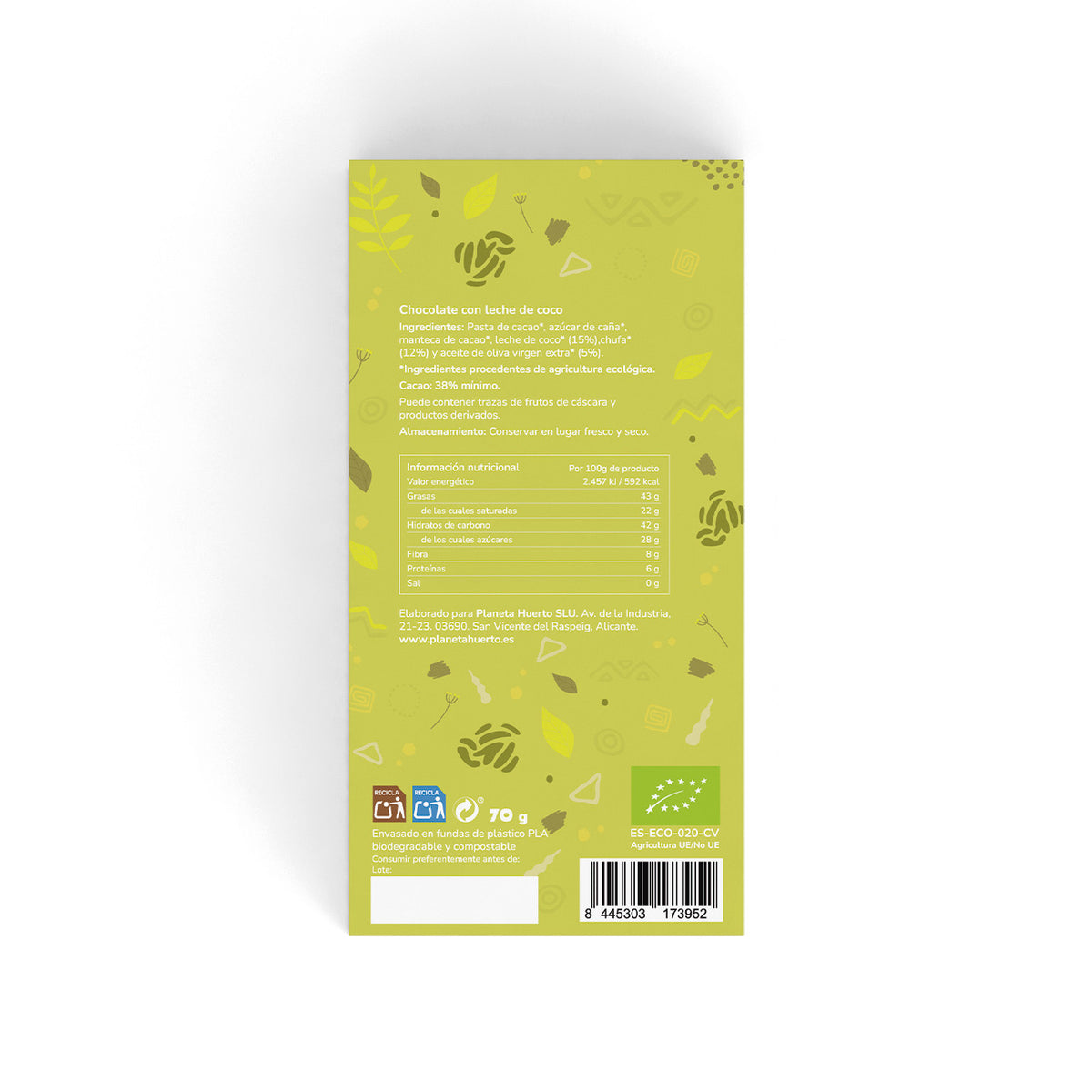 Tableta chocolate con leche de coco vegano 38% ECO Planeta Huerto 70 g