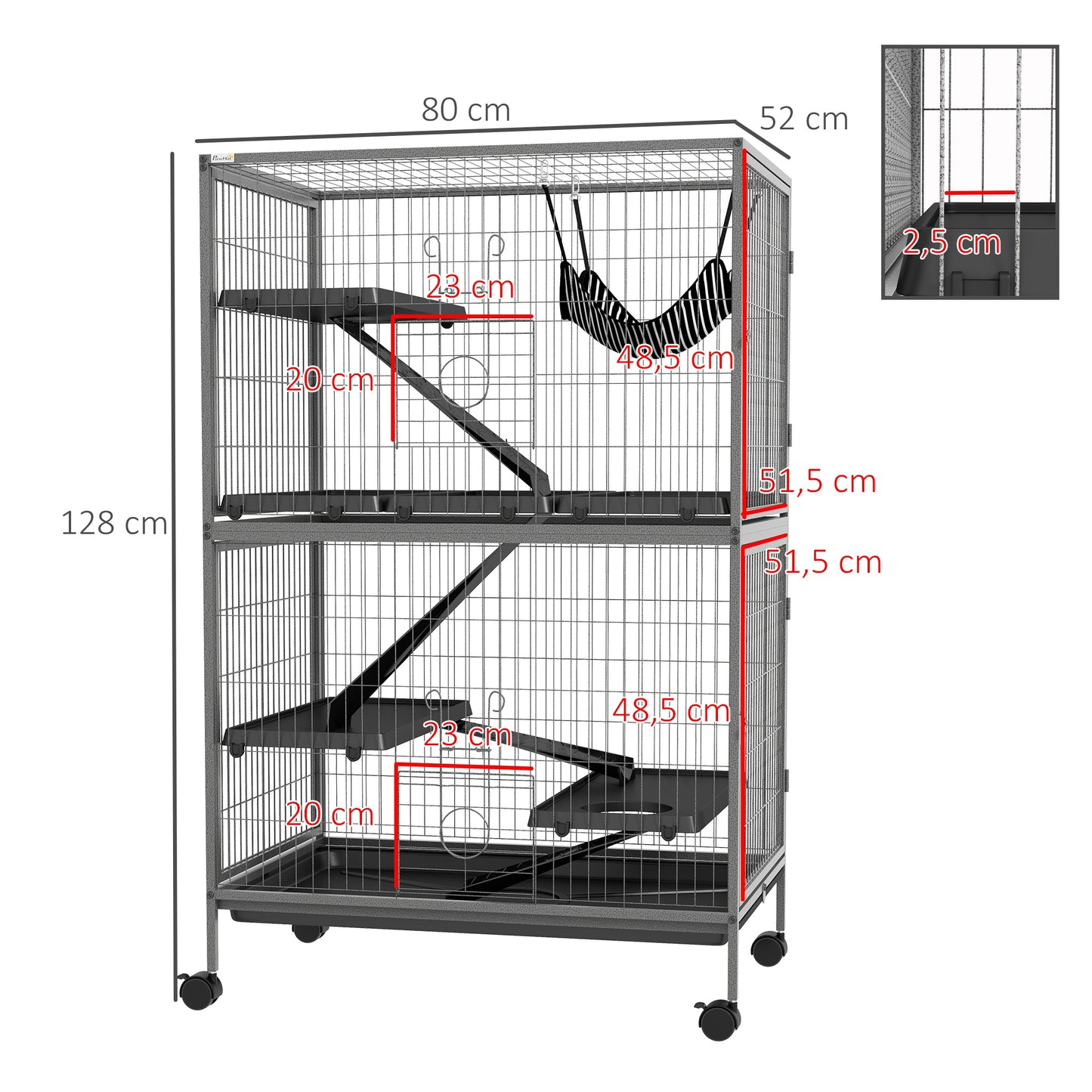 Pawhut Jaula Para Animales Pequeños De 4 Niveles Con Ruedas 80x52x128 Cm Gris_2
