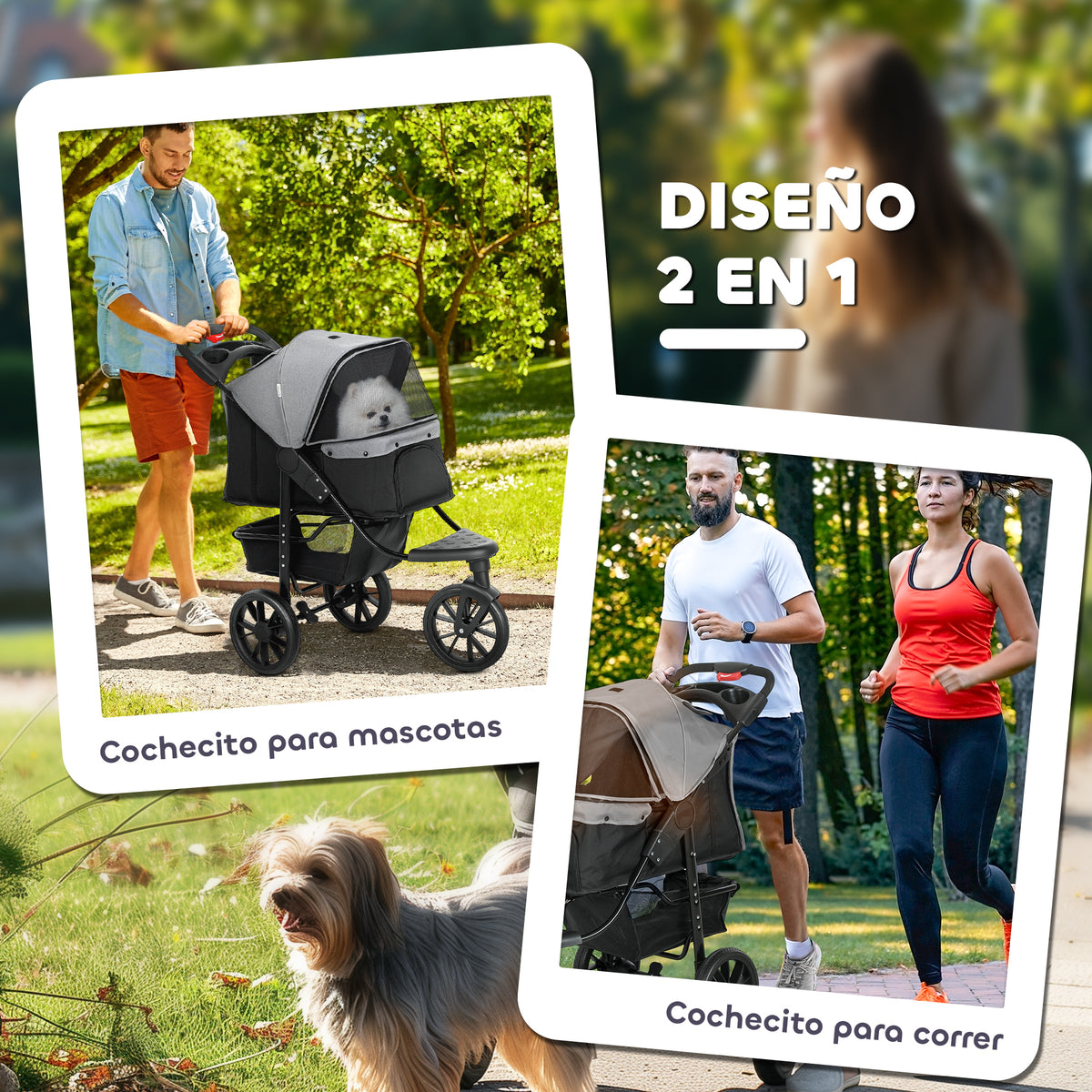 Pawhut Carrito Para Perros Plegable Con 3 Ruedas 109,5x57,5x106,5 Cm Gris_4
