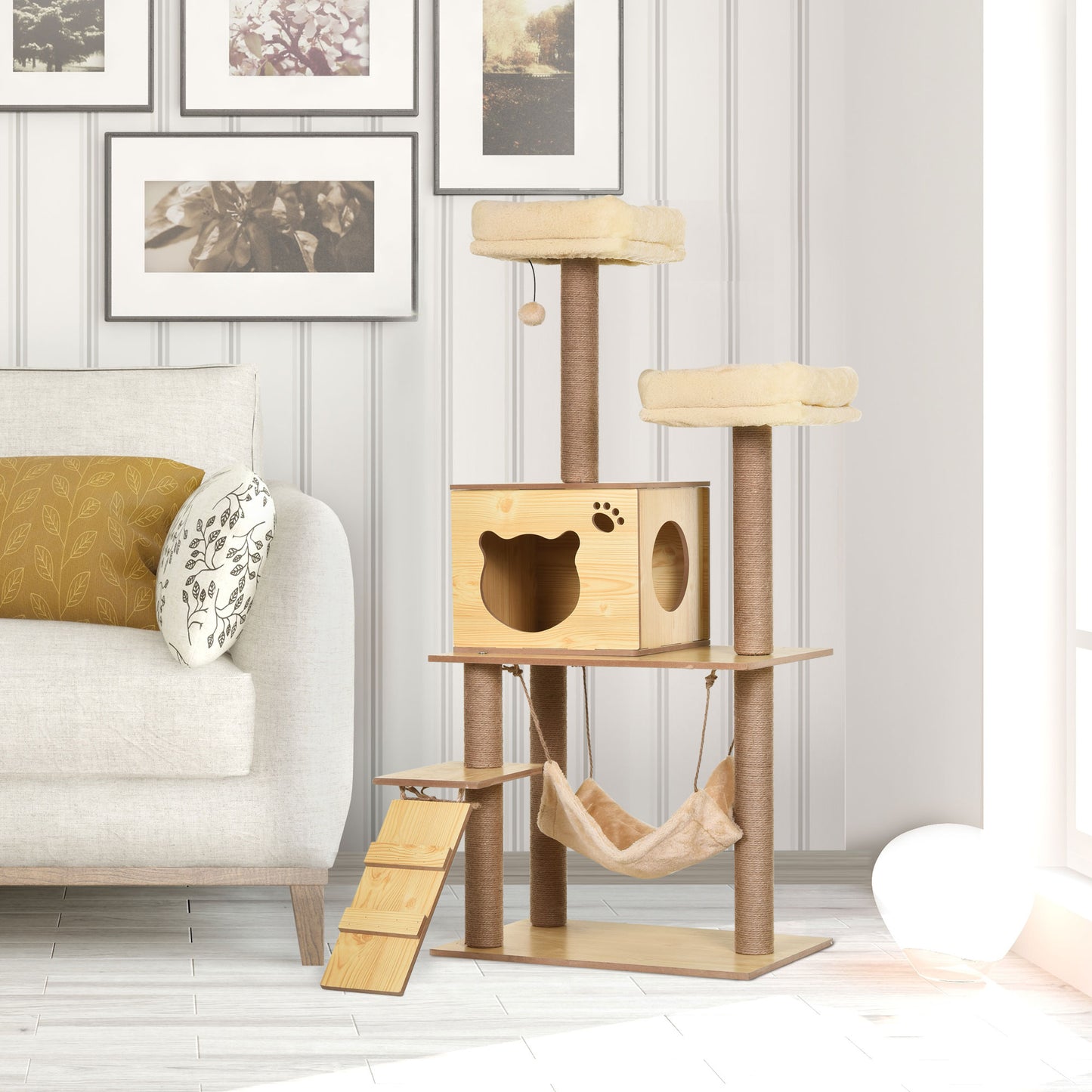 Pawhut Árbol Rascador Para Gatos Altura 130cm Con Postes De Yute Camas Amarillo_1