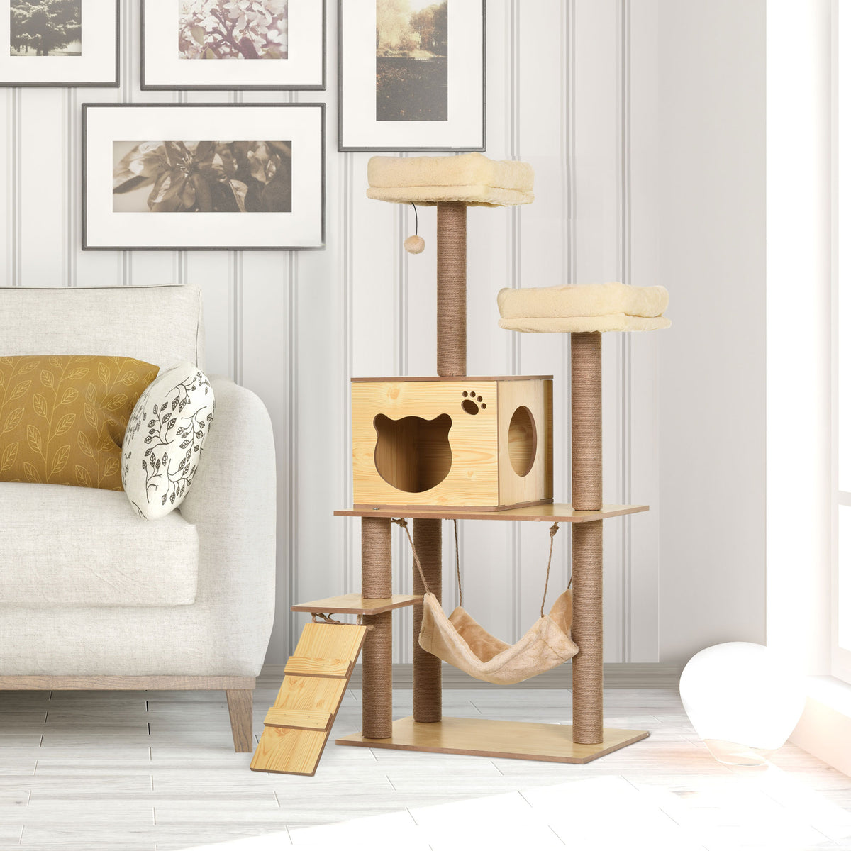 Pawhut Árbol Rascador Para Gatos Altura 130cm Con Postes De Yute Camas Amarillo_1