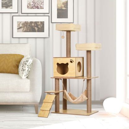 Pawhut Árbol Rascador Para Gatos Altura 130cm Con Postes De Yute Camas Amarillo_1
