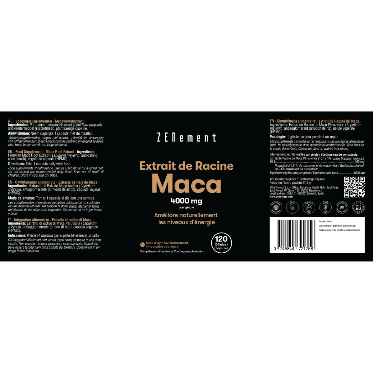 Extracto de raíz de Maca 4000 mg, altamente concentrado 10:1 Zenement, 120 comprimidos