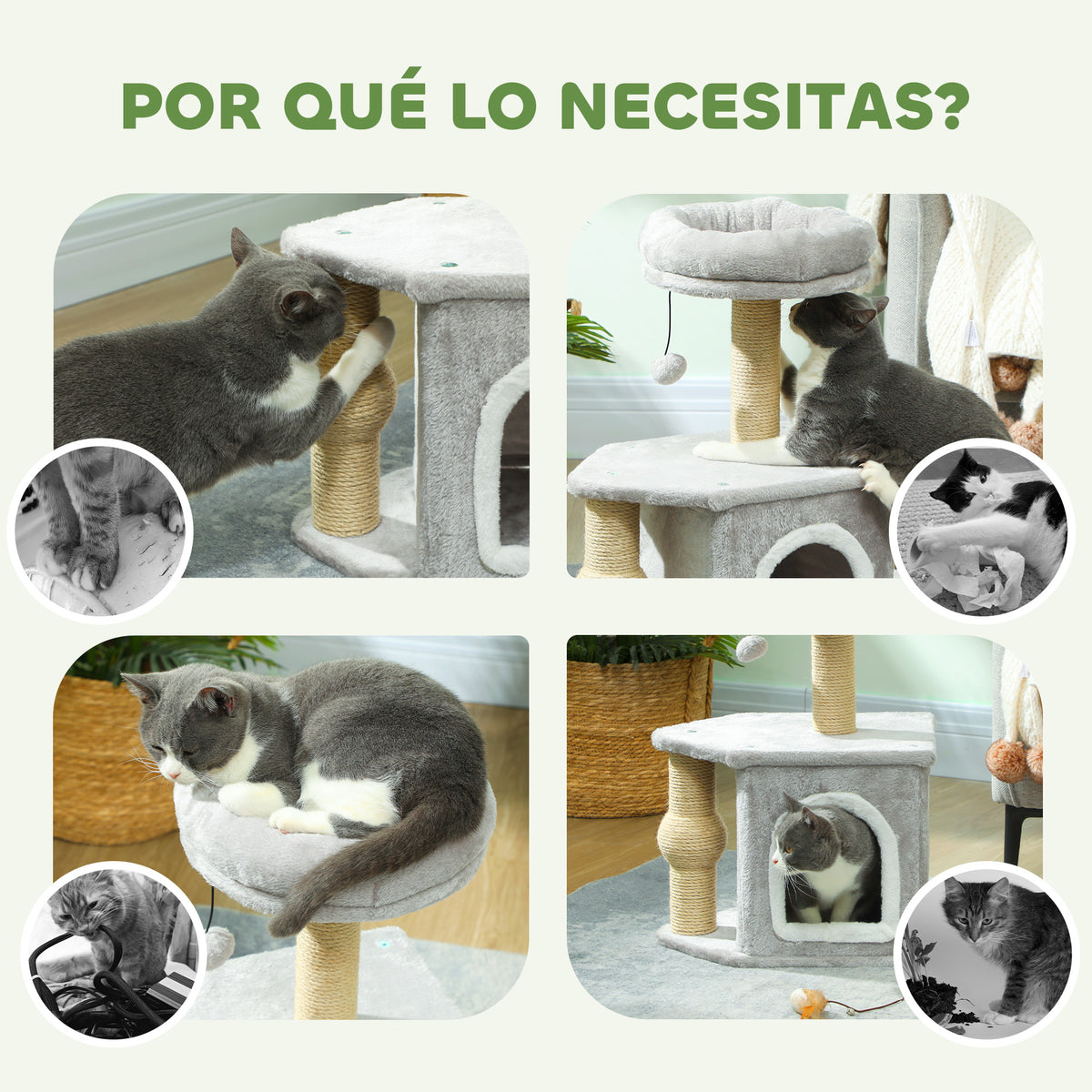 Pawhut Árbol Rascador Para Gatos Altura 66 Cm Con Cama Poste De Yute Gris Claro_5