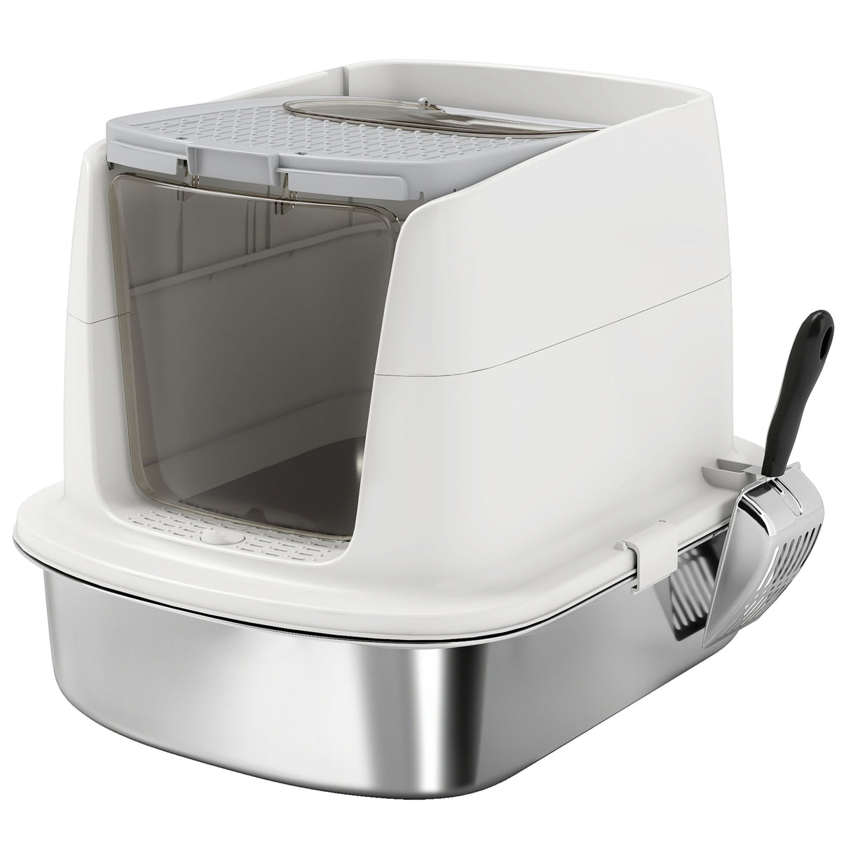 Pawhut Arenero Para Gatos De Acero Inoxidable L Con Tapa Abatible Blanco_0