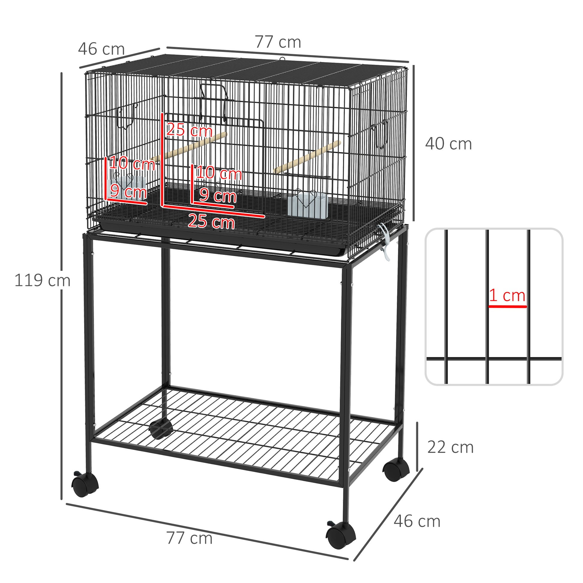 Pawhut Jaula Para Pájaros Con Ruedas 77x46x119 Cm Con Bandeja Extraíble Negro_2