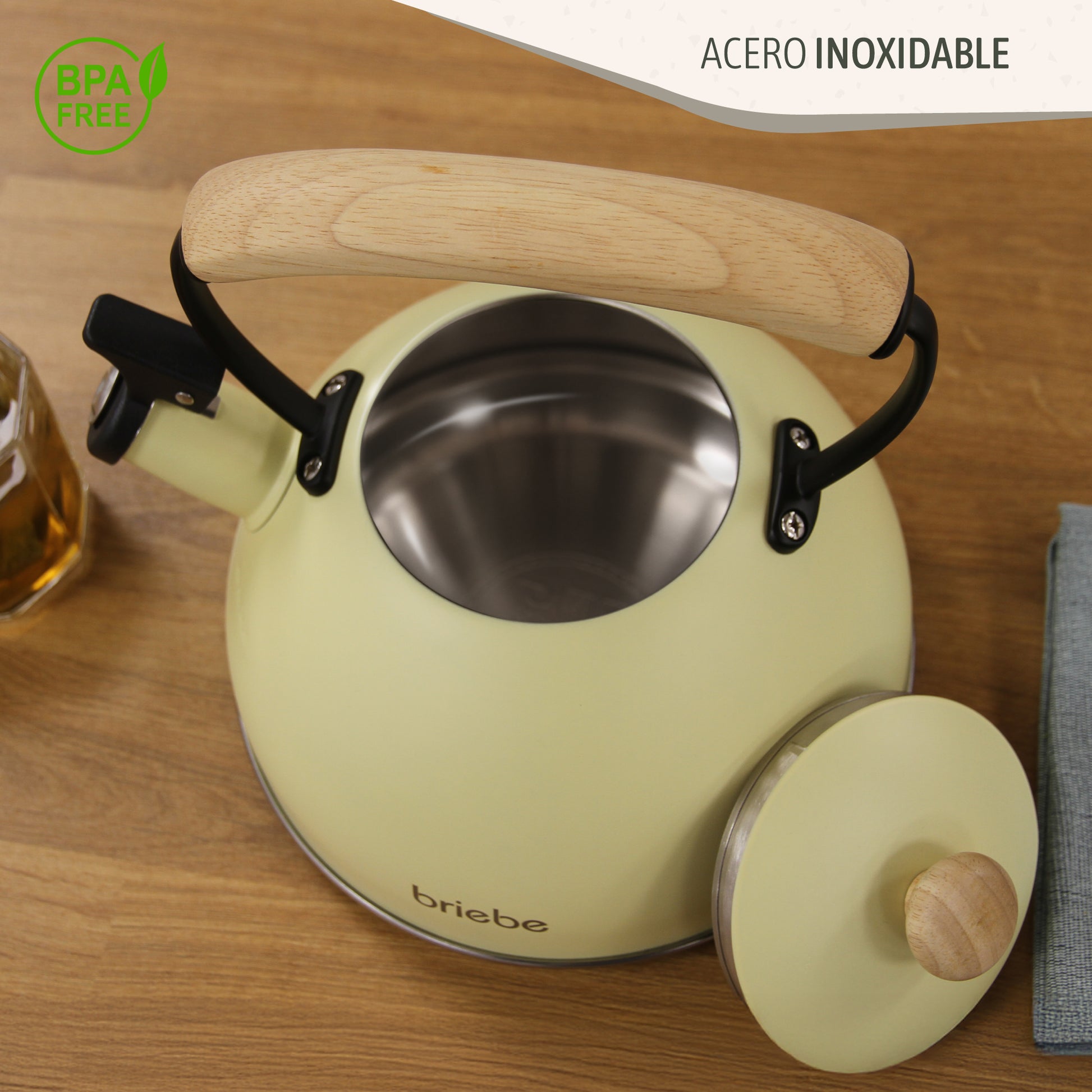 Briebe Tetera Con Silbato, Hervidor De Agua 2,3l, Inducción, Acero Inox, Vintage, Mango Madera, Pastel, Amarillo_3