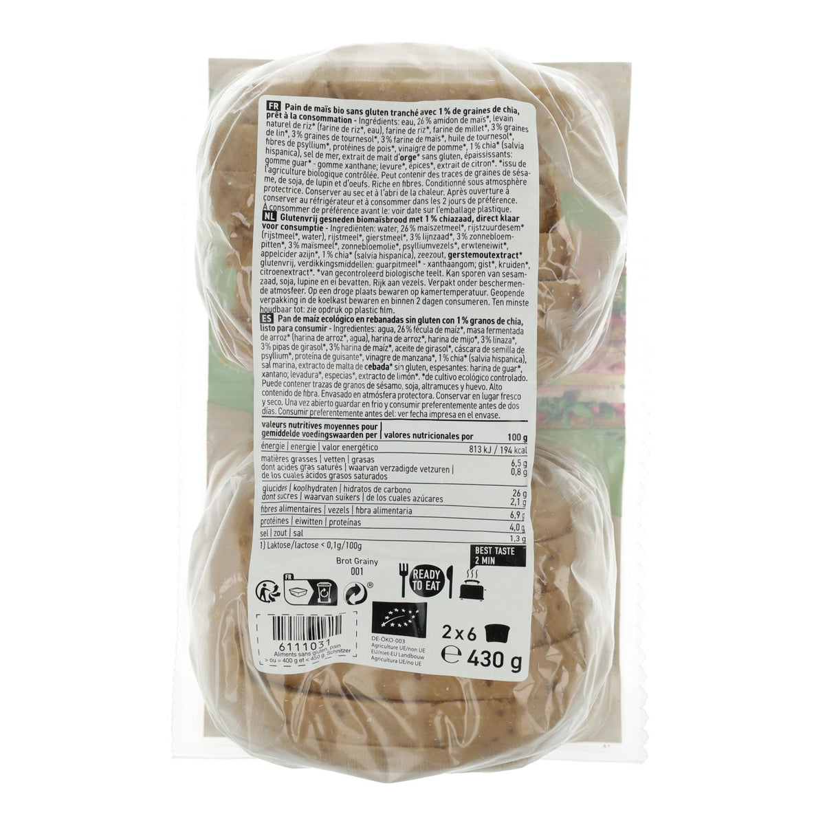 Pan de molde de Maíz en rebanadas con Semillas Brot Grainy Sin gluten Bio Schnitzer 430 g