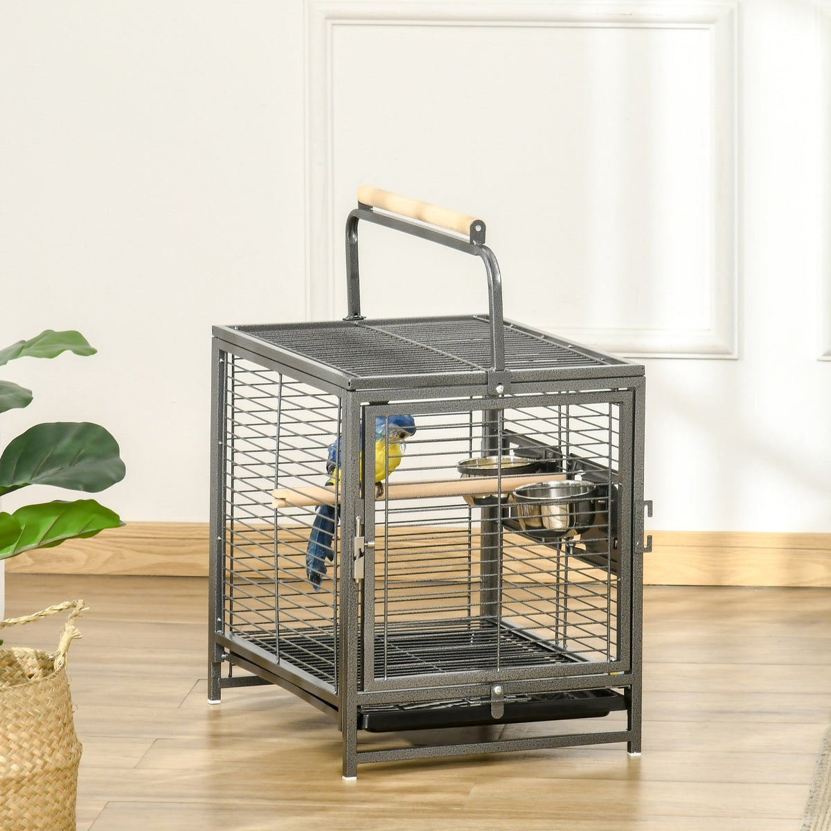 Pawhut Jaula Para Pájaros Con 2 Perchas 2 Comederos Y Bandeja 48x38x47,8 Cm Negro_1