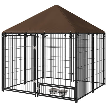 Pawhut Perrera Con Toldo Y 2 Cuencos Para Exterior 141x141x151 Cm Negro_0