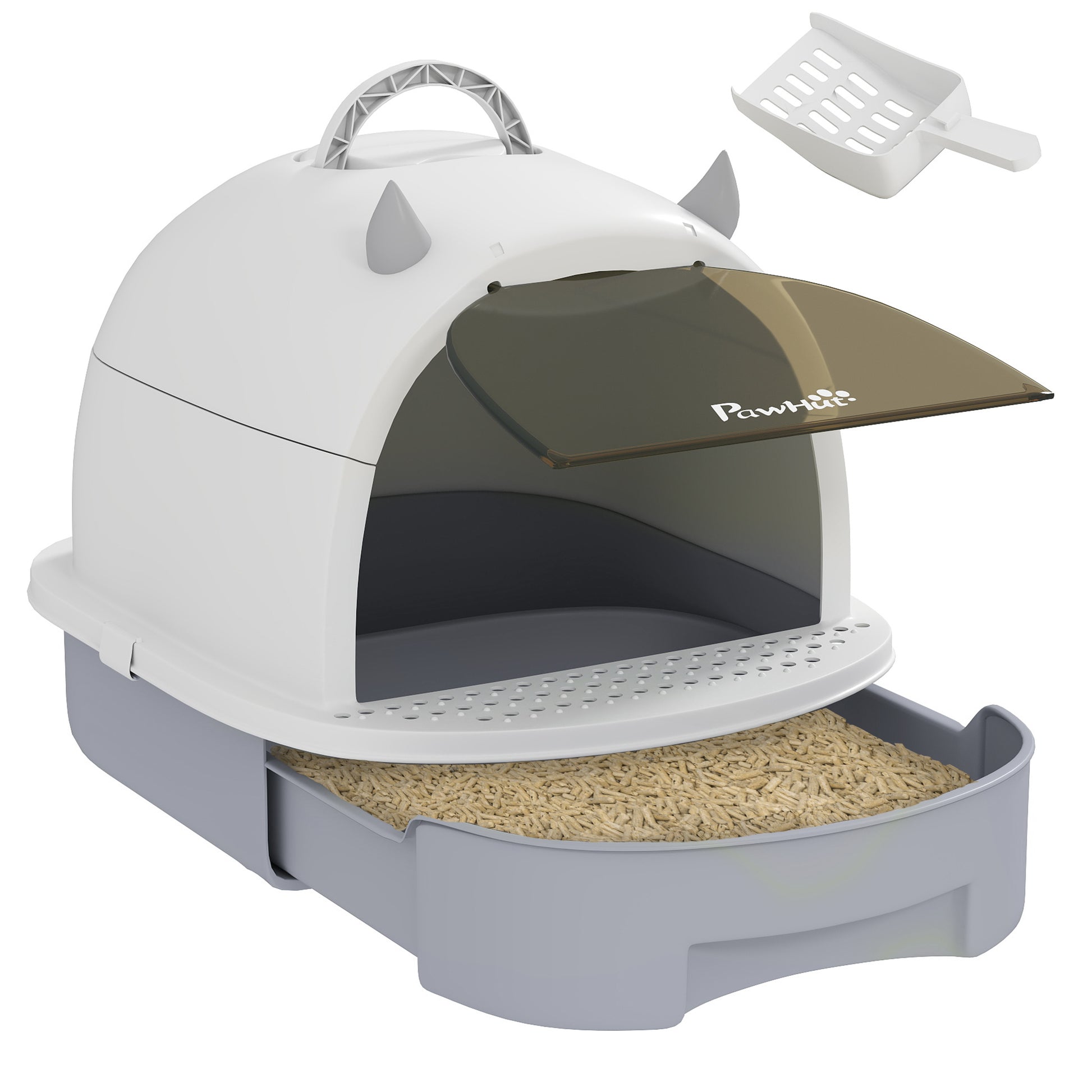 Pawhut Arenero Para Gatos Cubierto Con Bandeja Pala Y Asa Superior Blanco Y Gris_0