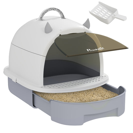 Pawhut Arenero Para Gatos Cubierto Con Bandeja Pala Y Asa Superior Blanco Y Gris_0